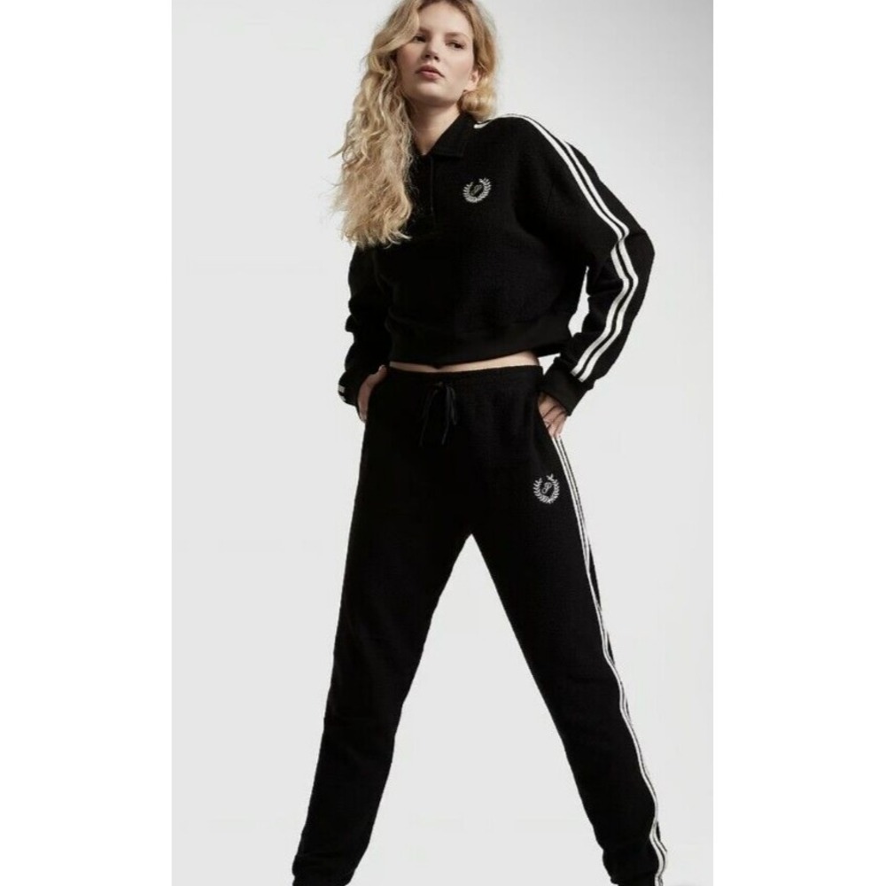 PINK Victoria Secret Fleece Set Size XXL Sweatshirt  High Waist Jogger Black NWT